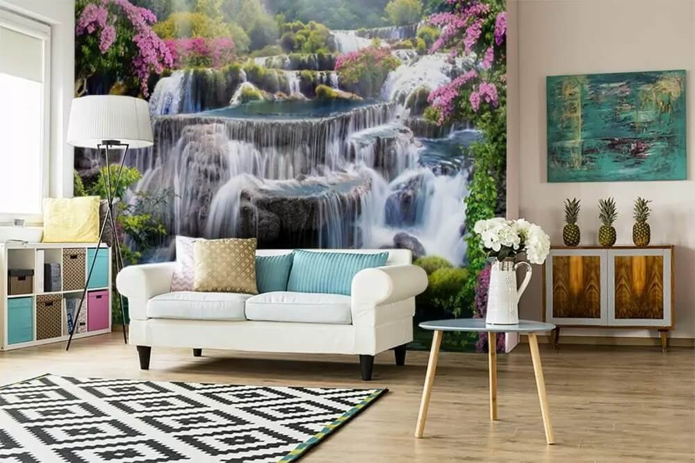 Waterfall with flowers and trees Waterfall with flowers and trees