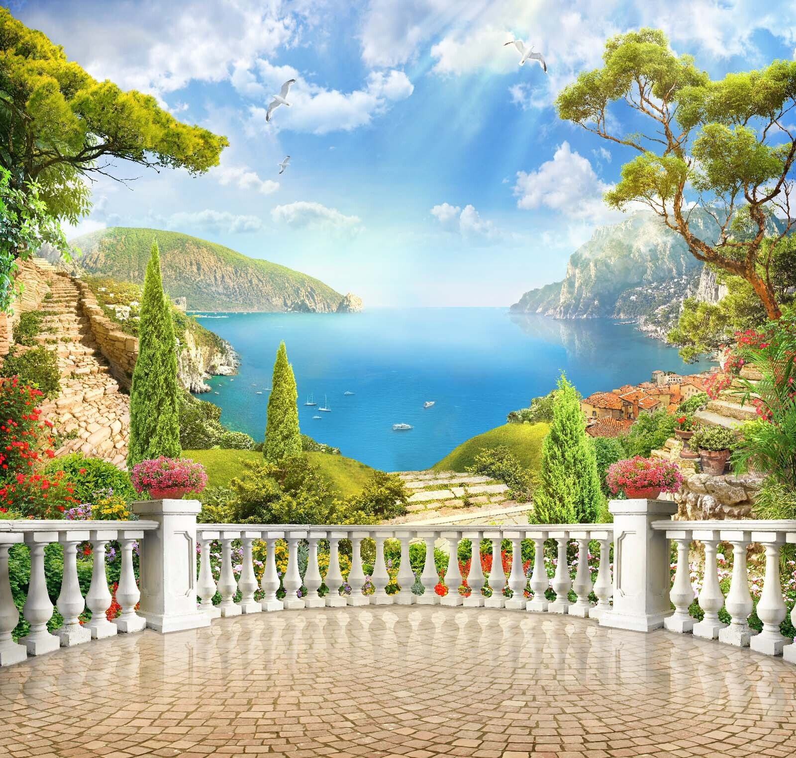 Balcony with a view of a lake and trees