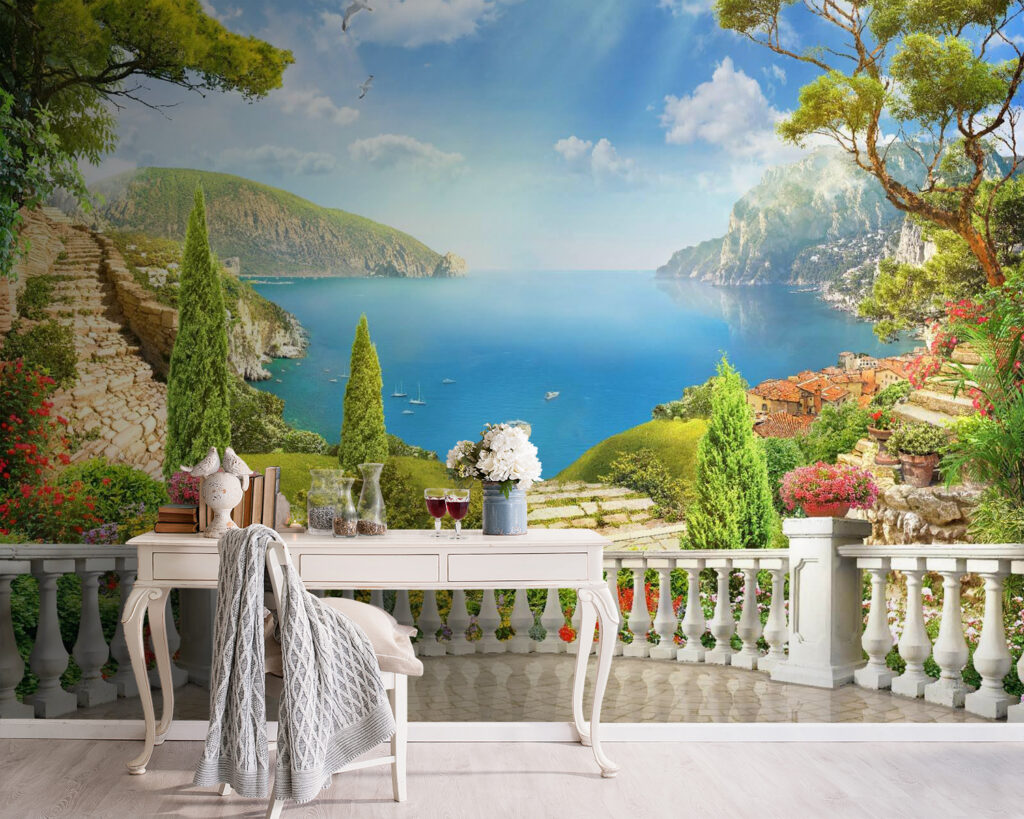 Balcony with a view of a lake and trees