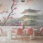 Fotótapéta Fa rózsaszín virágokkal és egy épület a háttérben