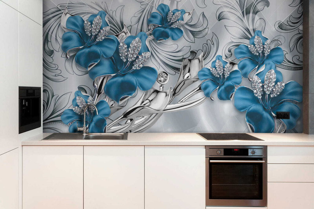 Silver and blue flowers on a silver and black background Silver and blue flowers on a silver and black background