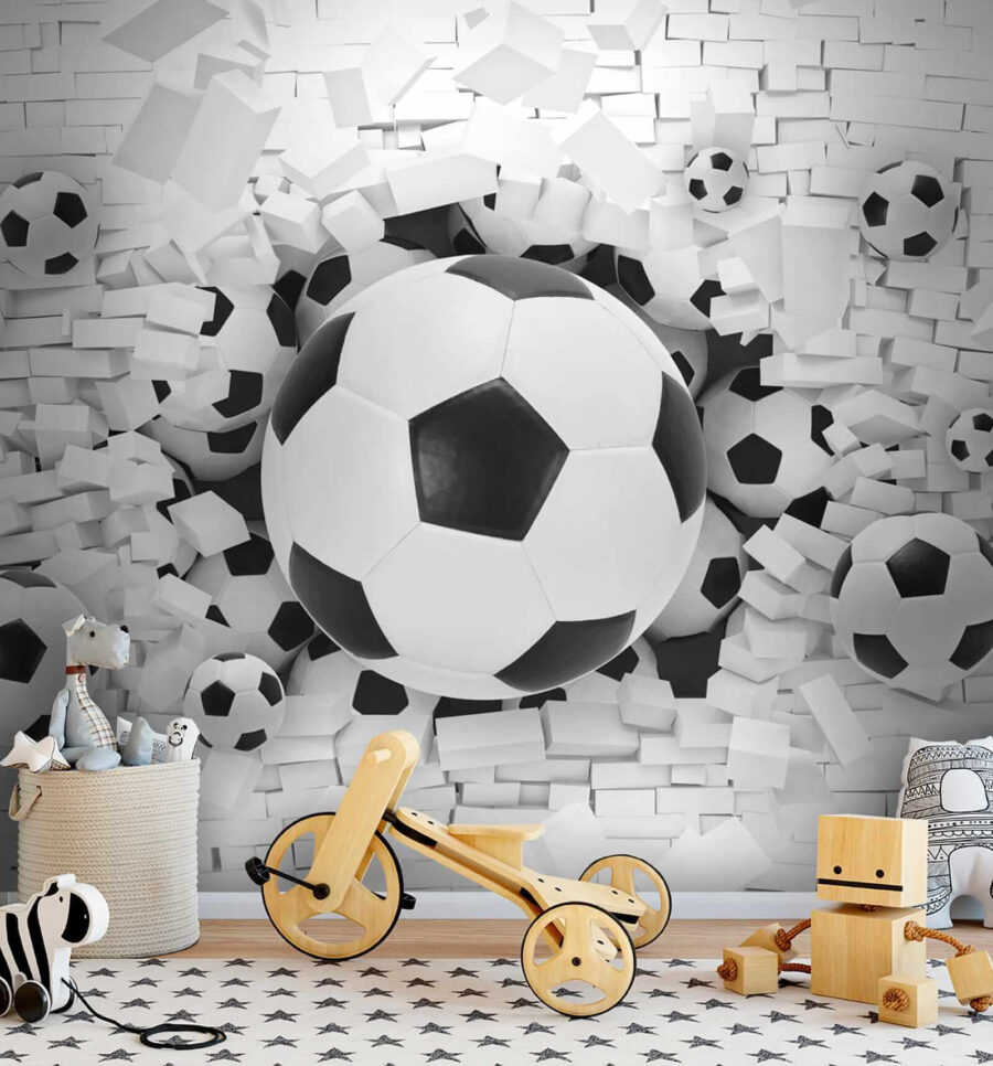 Futball-labdák csoportja egy halom téglában
