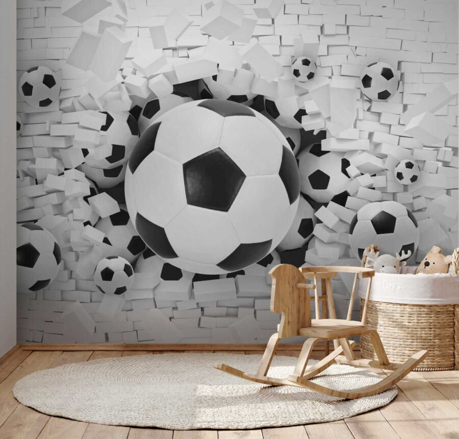 Futball-labdák csoportja egy halom téglában