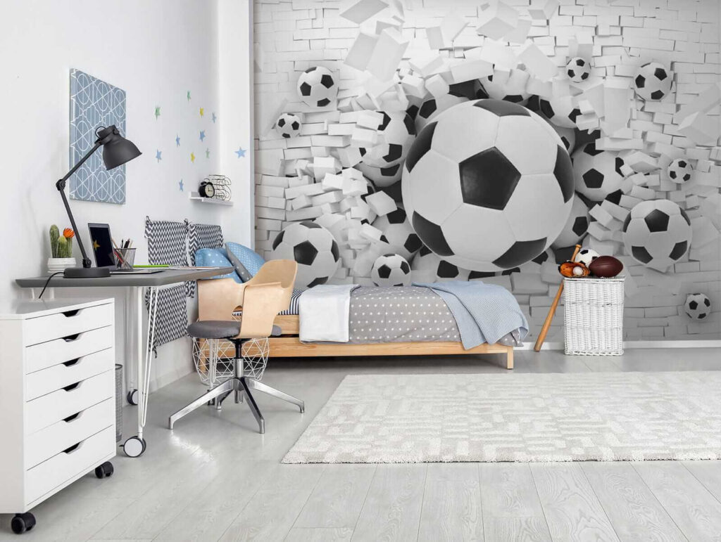 Group of football balls in a pile of bricks