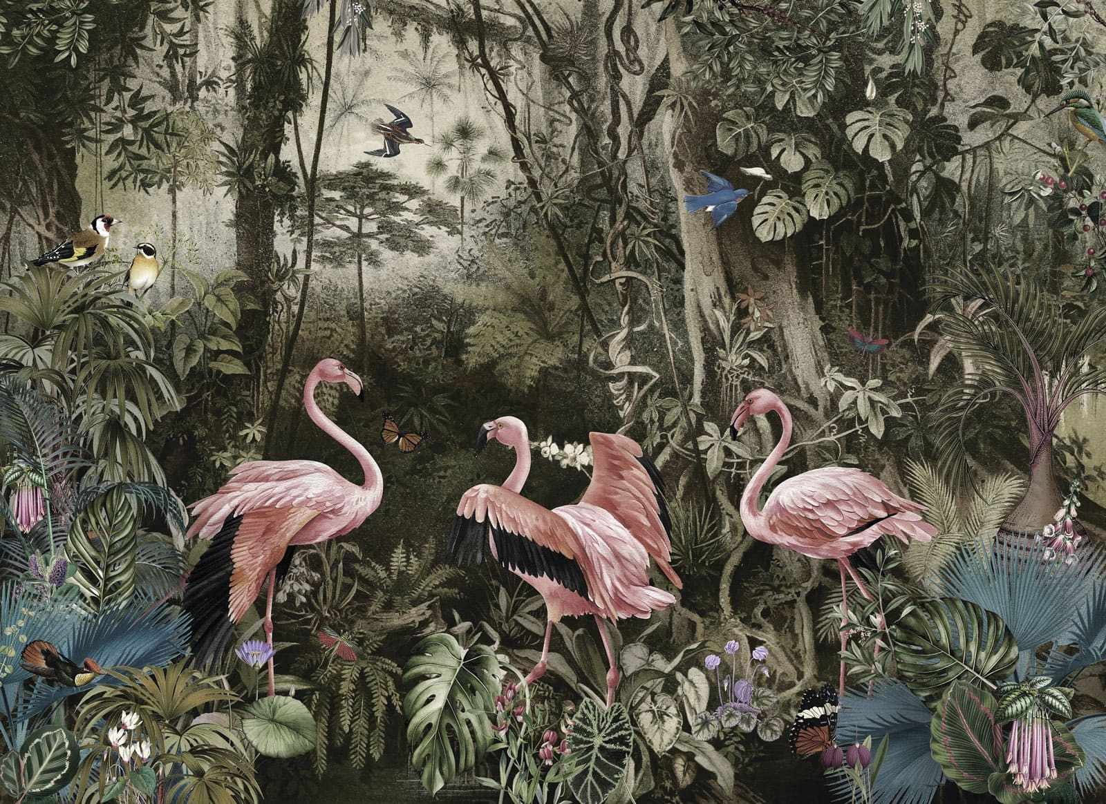 Group of pink flamingos in a forest Group of pink flamingos in a forest