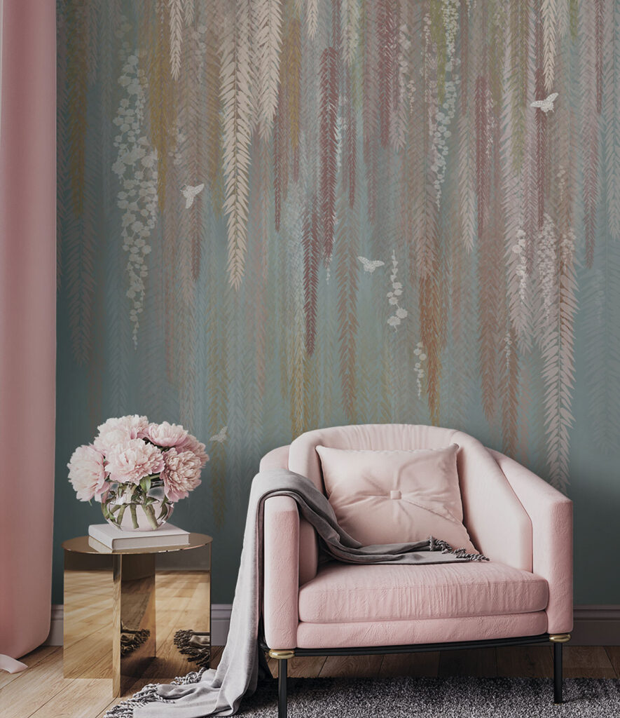 Wallpaper with a pattern of leaves and birds Wallpaper with a pattern of leaves and birds