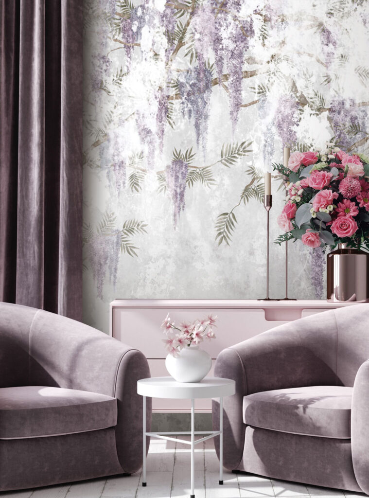 White wall with purple flowers White wall with purple flowers