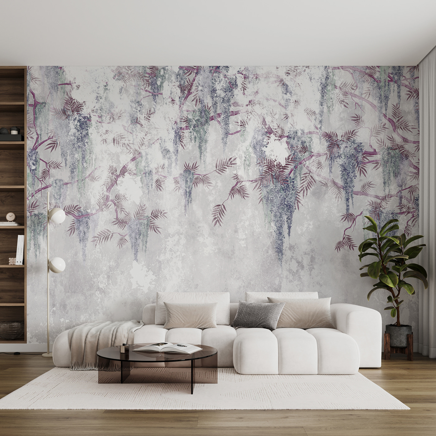 A white wall with purple flowers