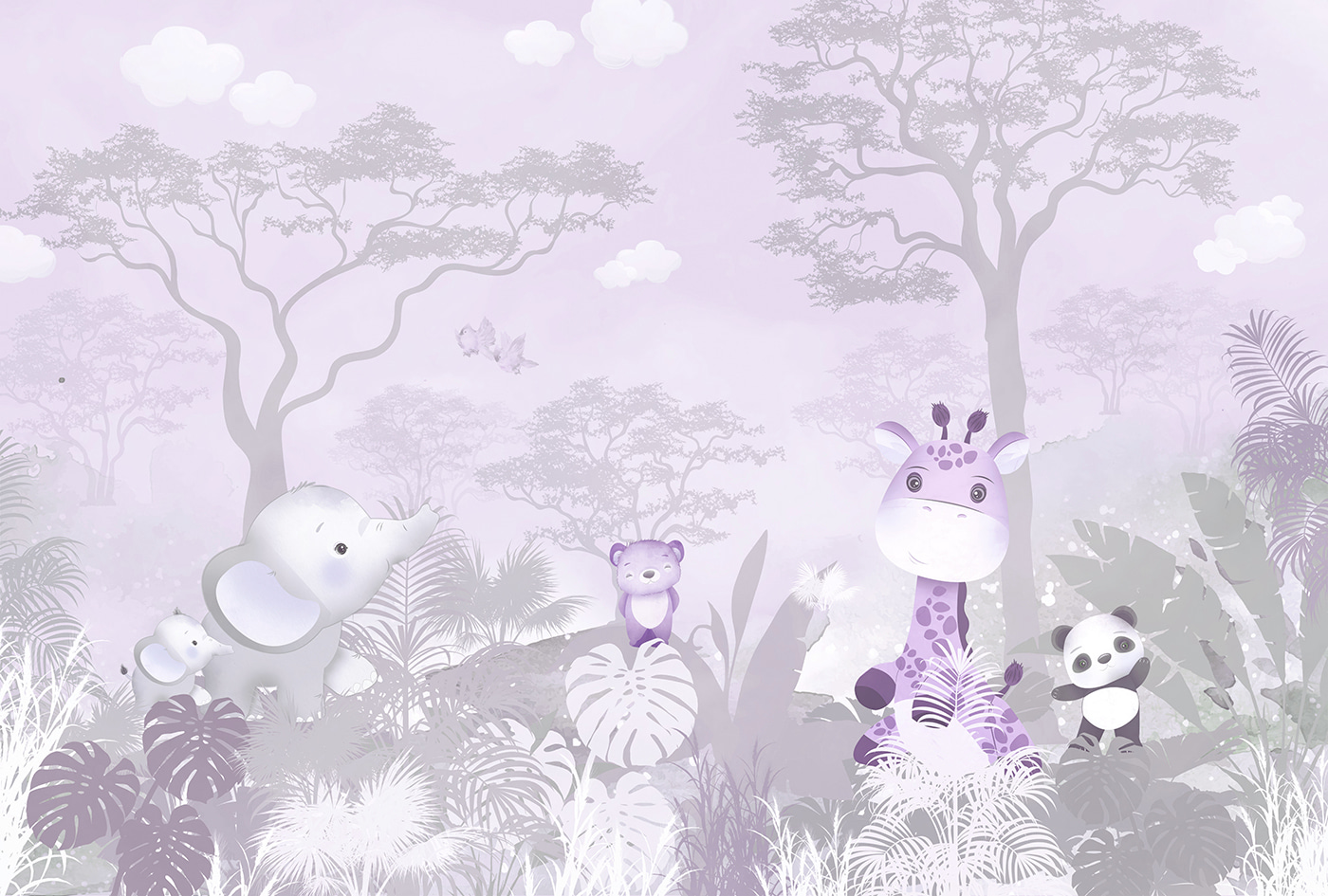 A purple and white background with animals
