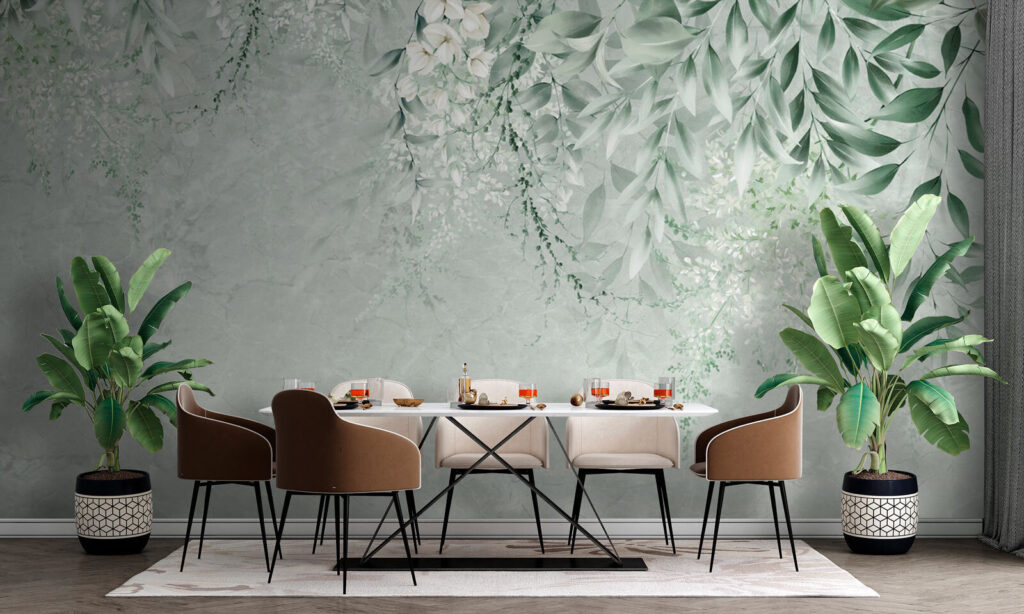 White flowers and green leaves on a white background