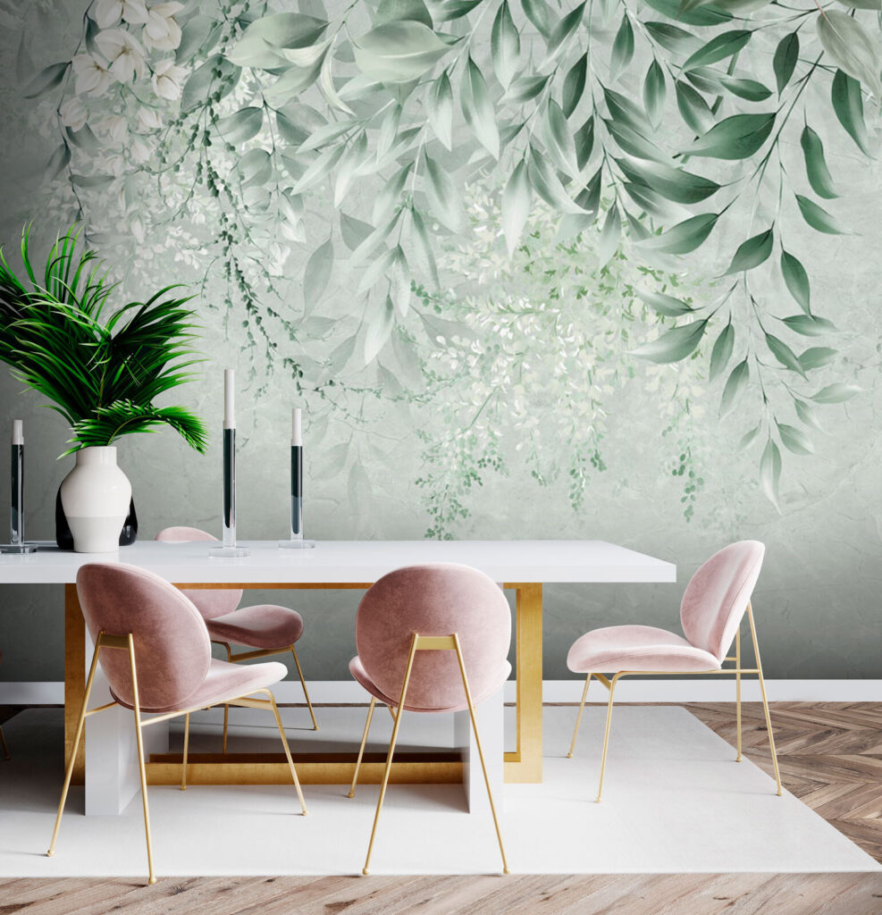 White flowers and green leaves on a white background