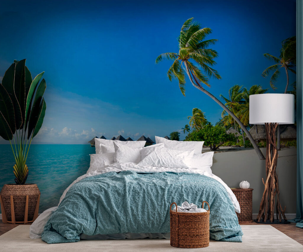 Beach with palm trees and huts Beach with palm trees and huts