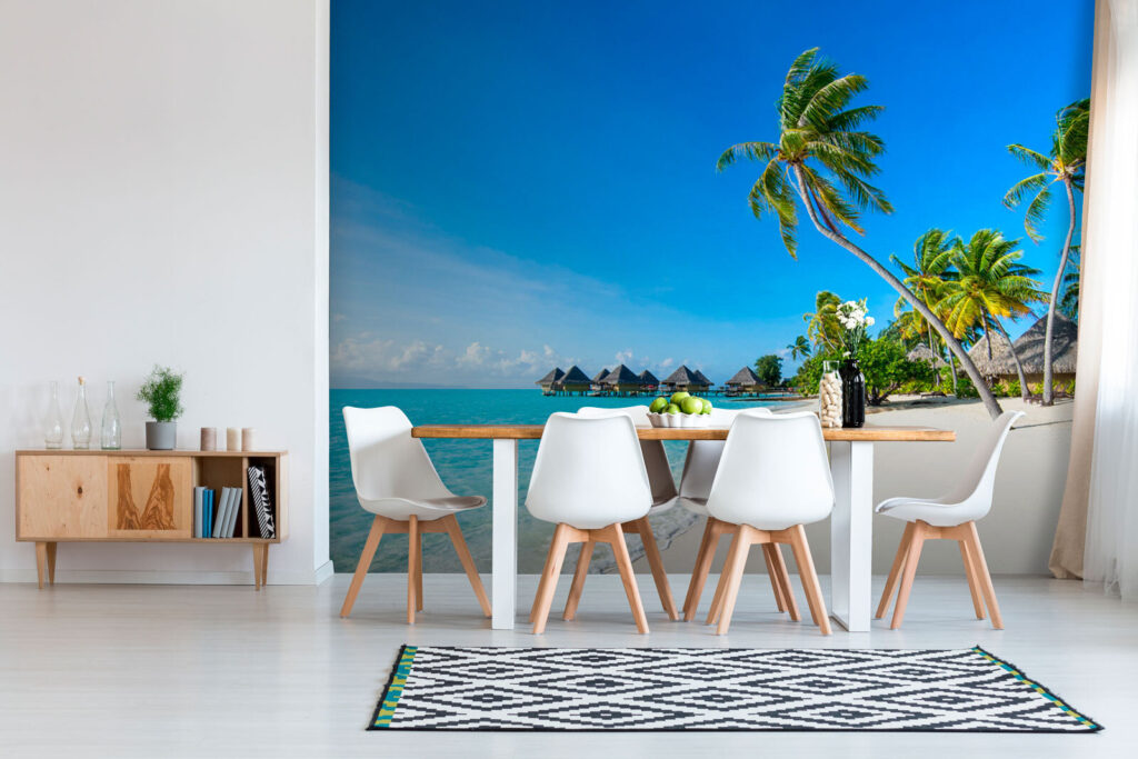 Beach with palm trees and huts Beach with palm trees and huts