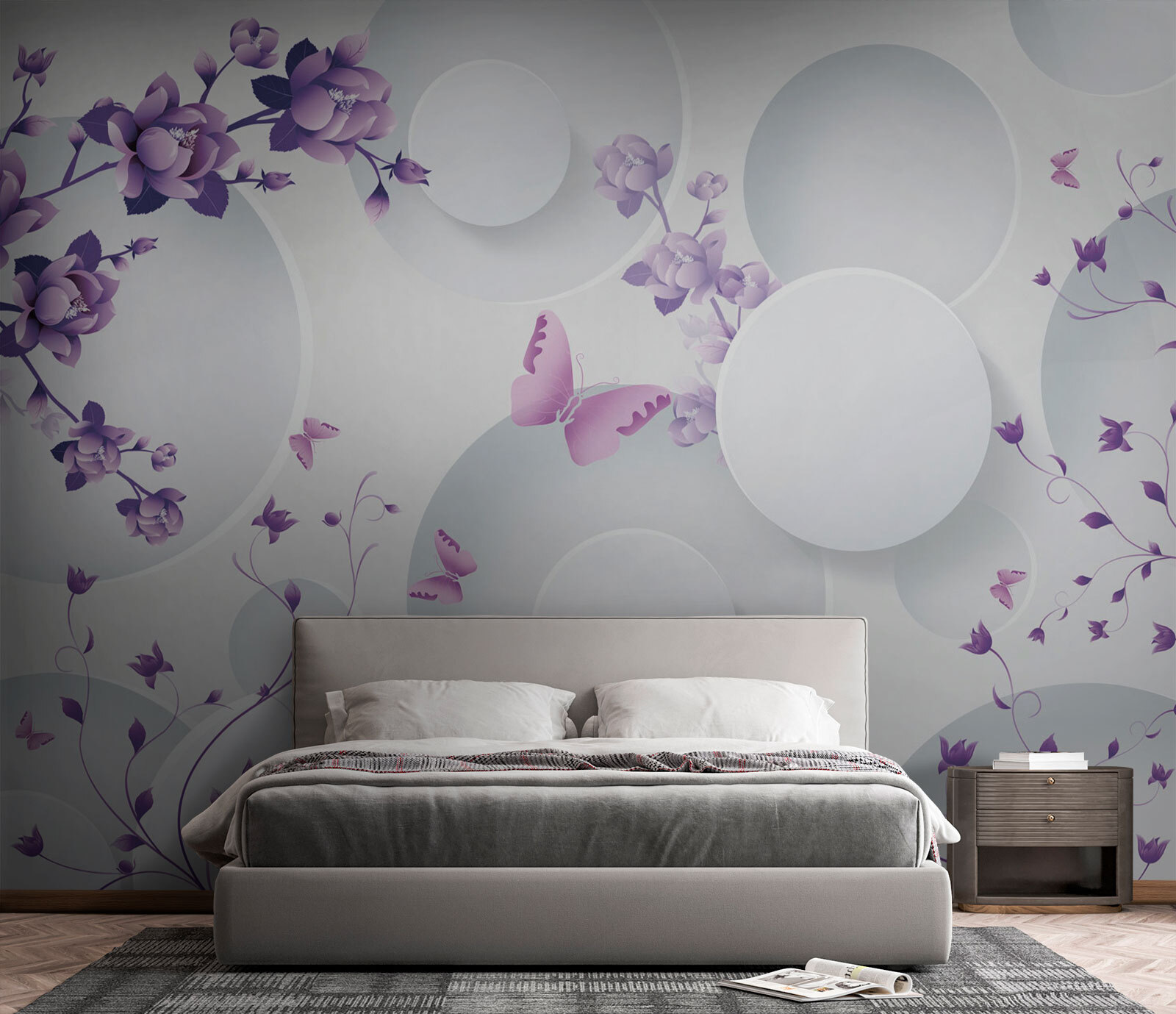 Purple flowers and white circles with purple butterflies Purple flowers and white circles with purple butterflies