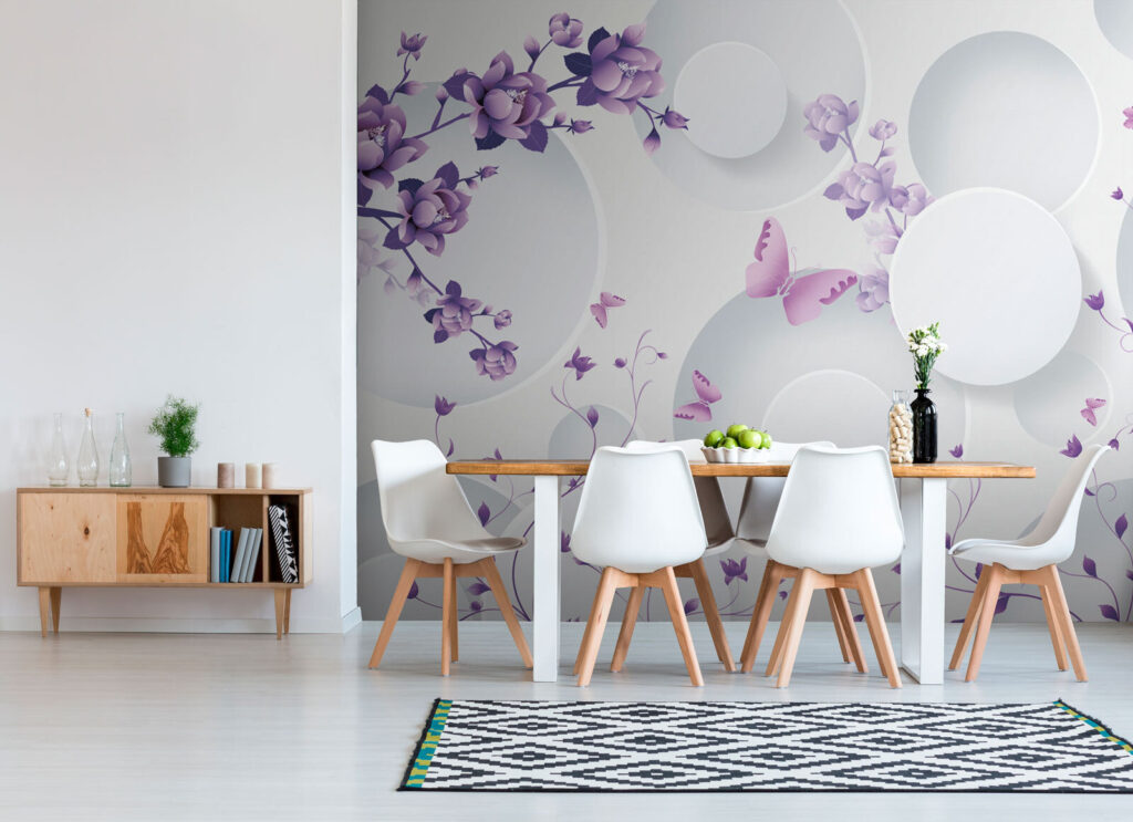 Purple flowers and white circles with purple butterflies Purple flowers and white circles with purple butterflies