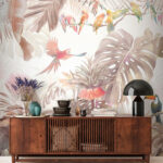 Fotótapéta Madárcsoport egy ágon, trópusi növényekkel körülvéve