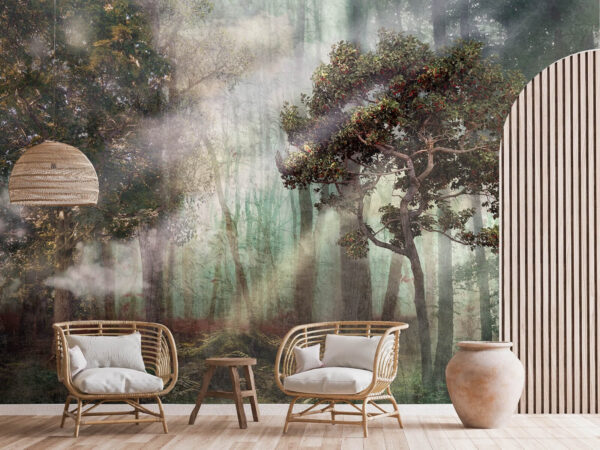 Ködös erdő fákkal és köddel Fotótapéta Ködös erdő fákkal és köddel