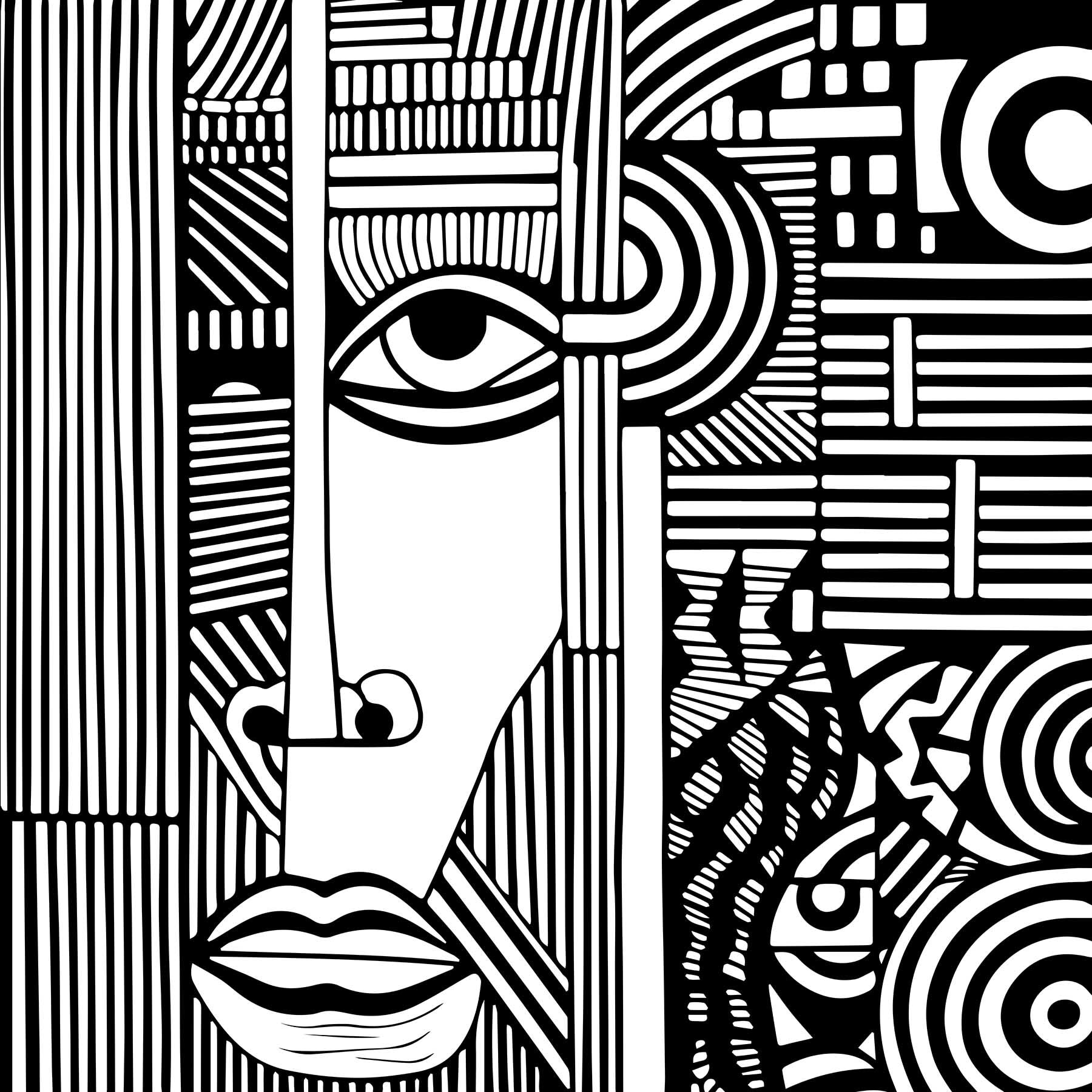 A black and white drawing of a face