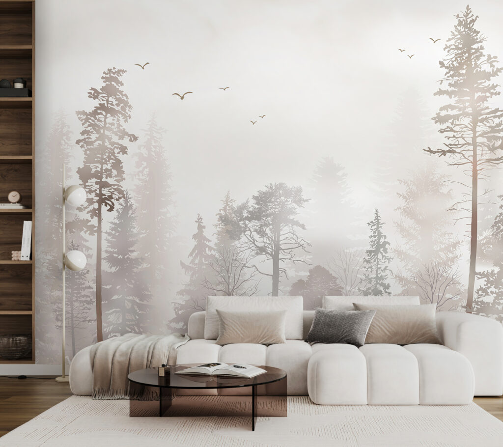 A group of trees in a foggy forest A group of trees in a foggy forest