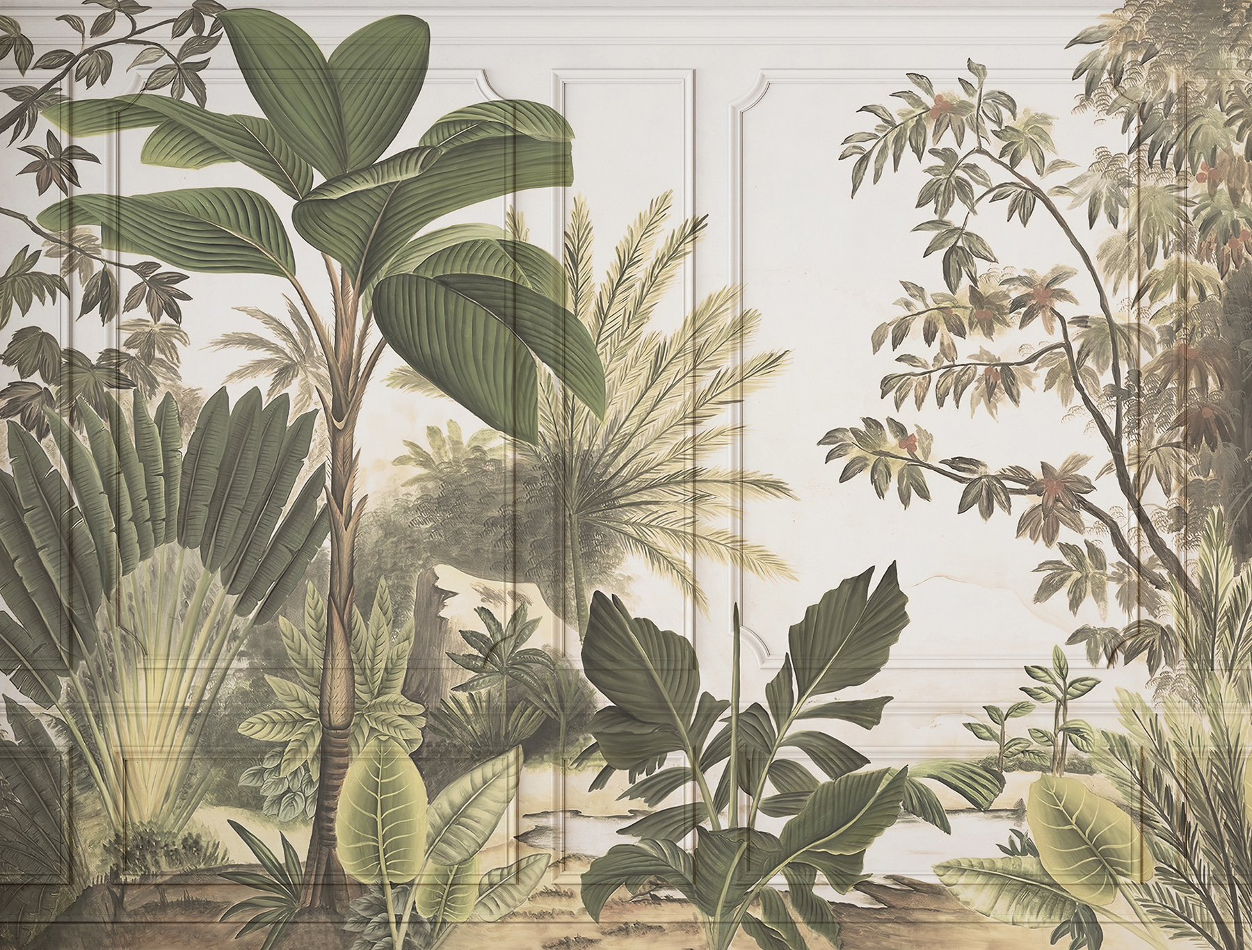 A wallpaper with a painting of trees and plants A wallpaper with a painting of trees and plants