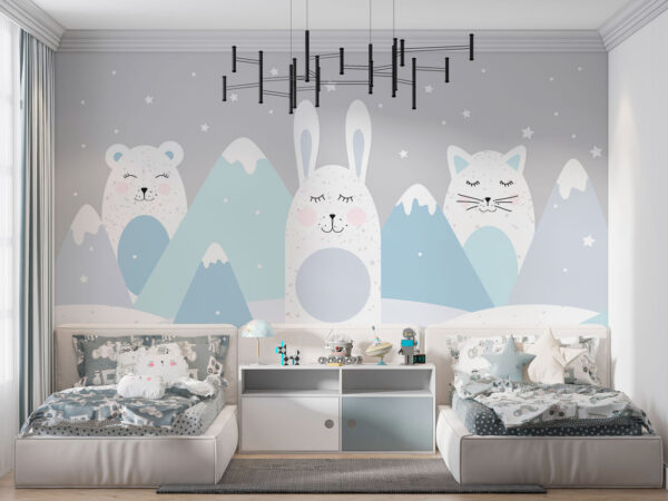 A group of animals in a snowy landscape