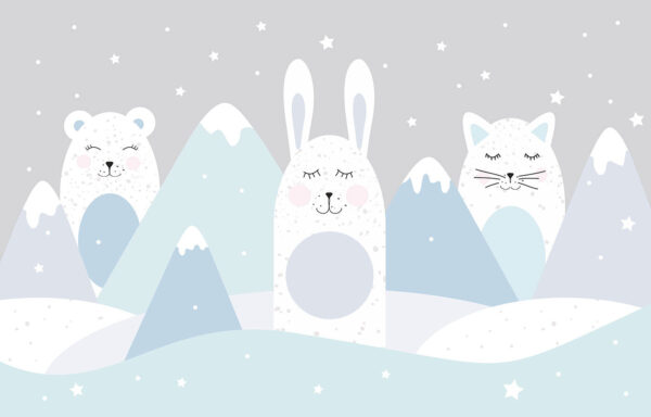 A group of animals in a snowy landscape