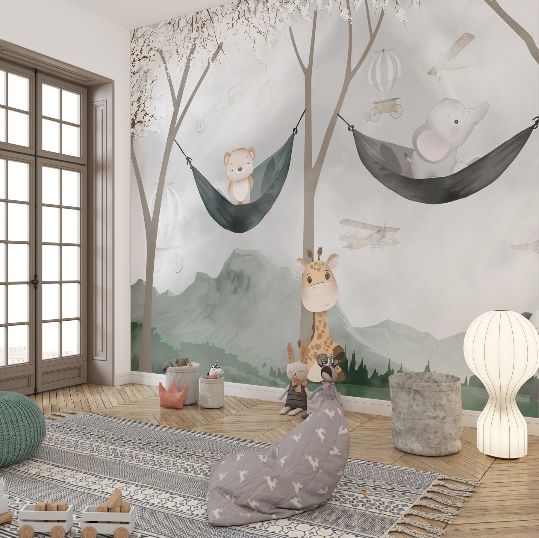 A giraffe and bear in hammocks A giraffe and bear in hammocks