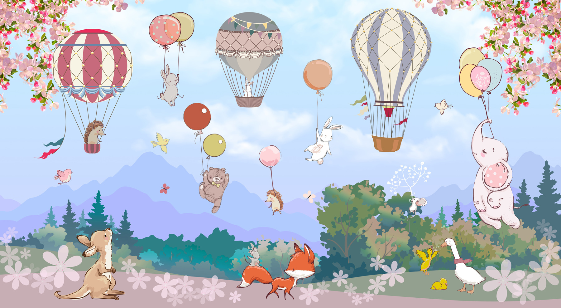 A cartoon of animals and hot air balloons A cartoon of animals and hot air balloons
