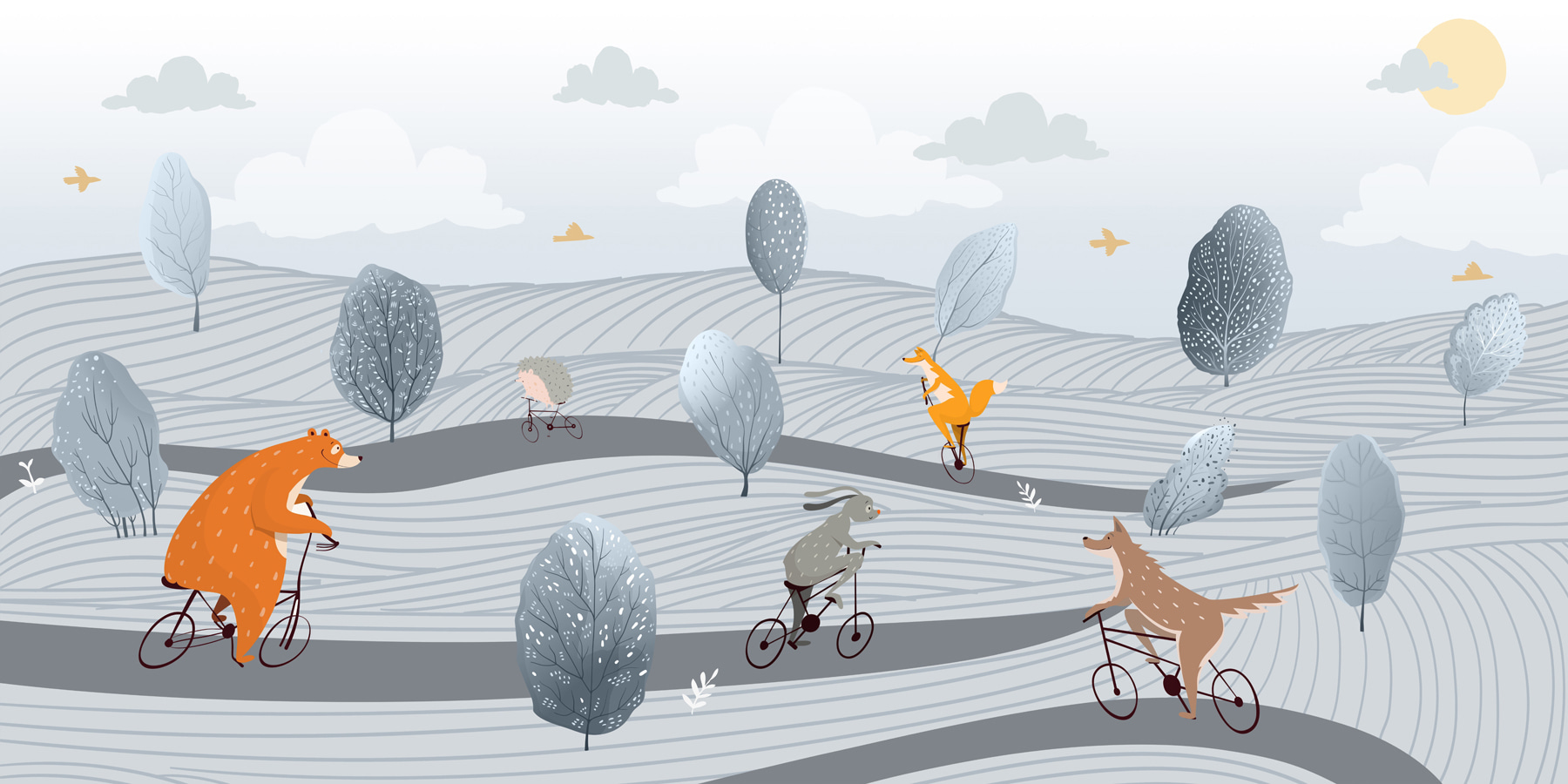A group of animals riding bicycles in a field