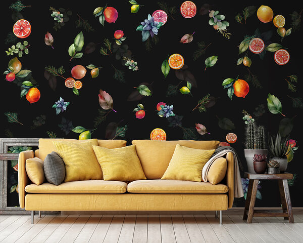 A pattern of fruit and leaves