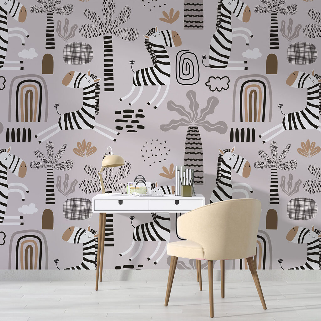 A pattern of zebras and trees