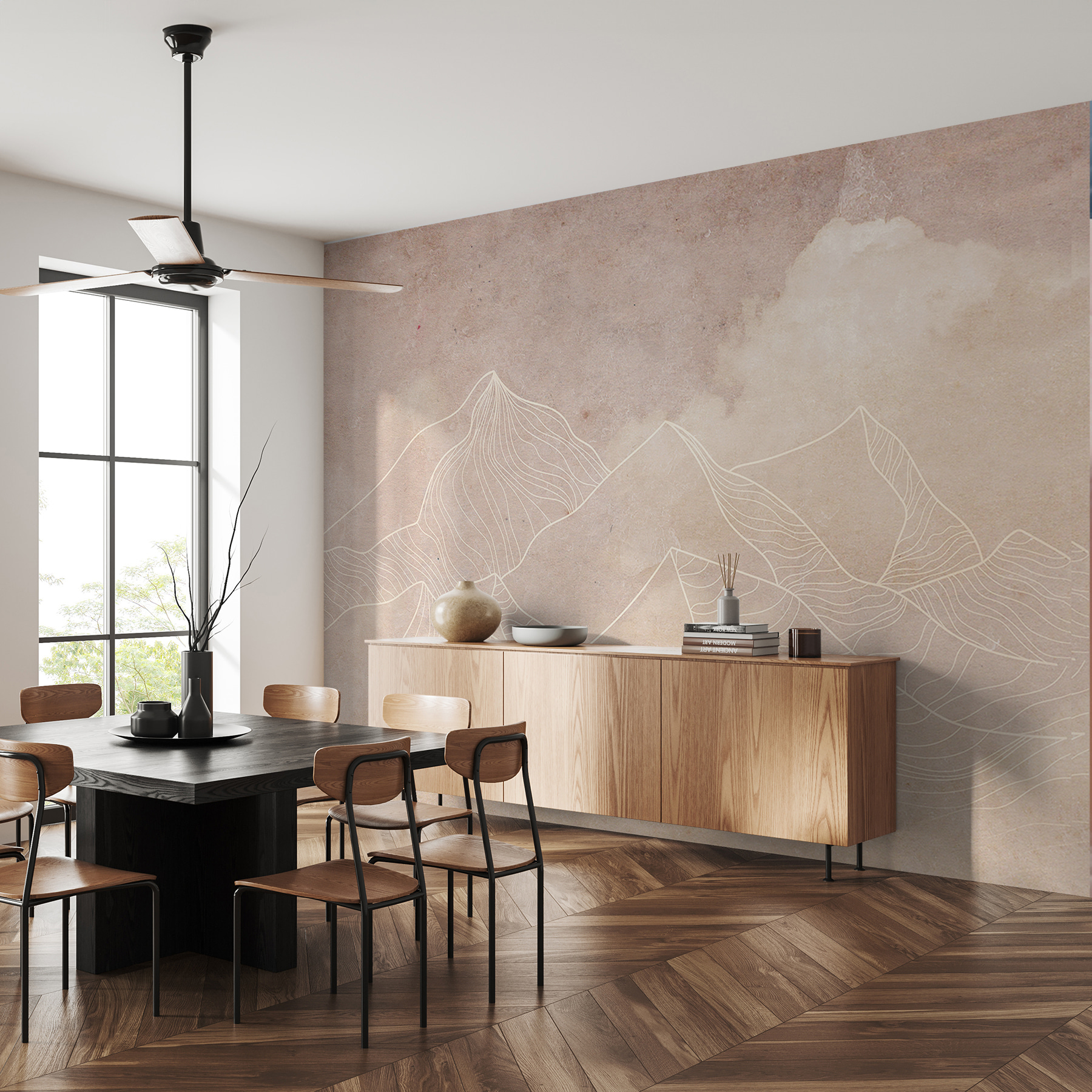 A drawing of mountains and clouds