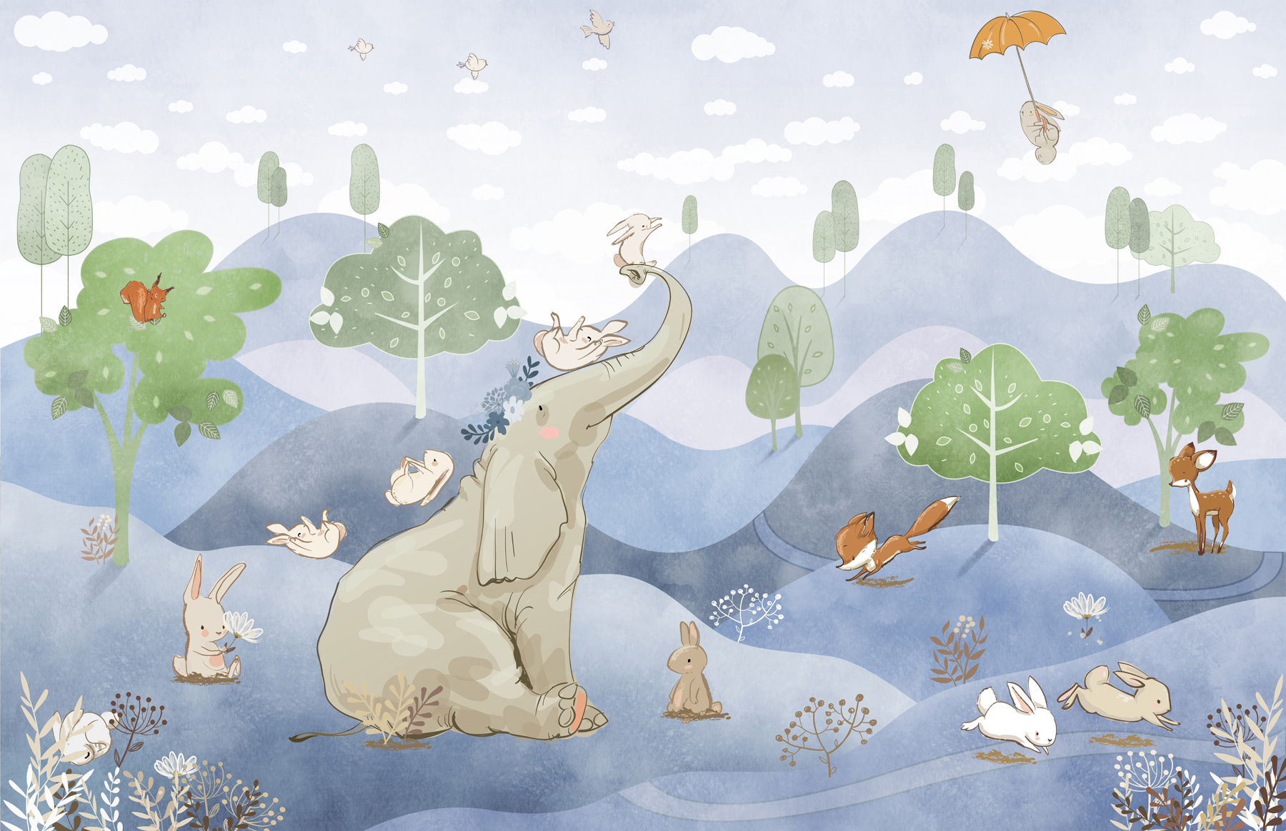 An elephant and rabbits in a forest