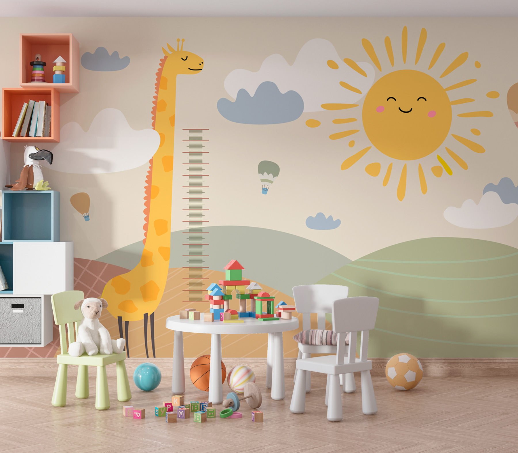 A giraffe standing in a field with a sun and clouds