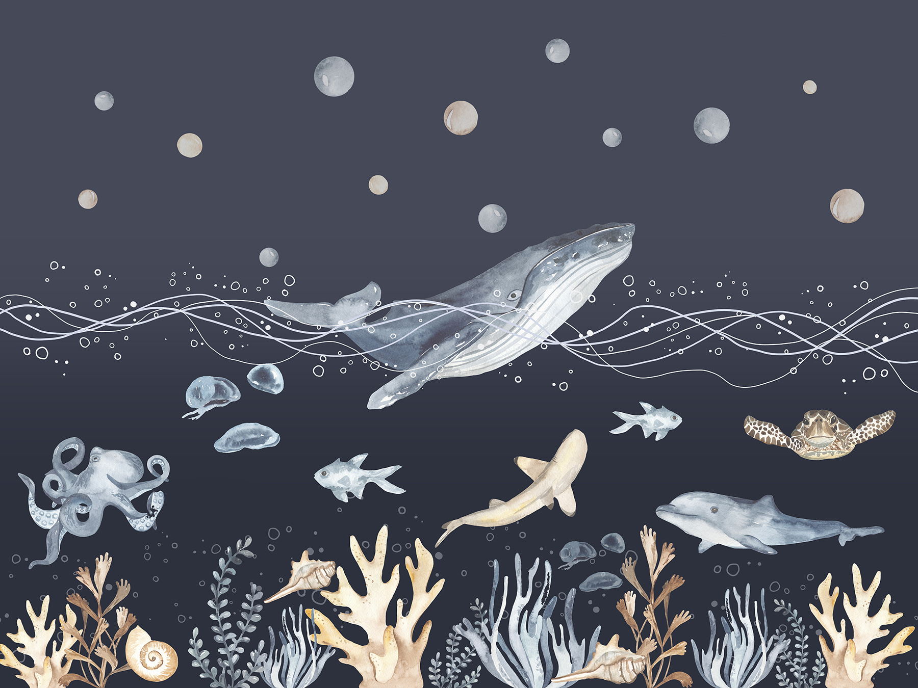 A watercolor of a whale and fish