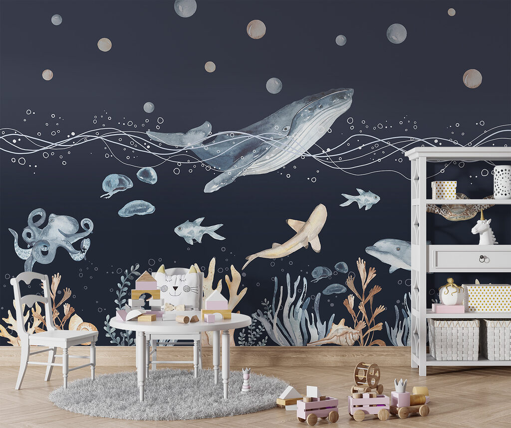 A watercolor of a whale and fish