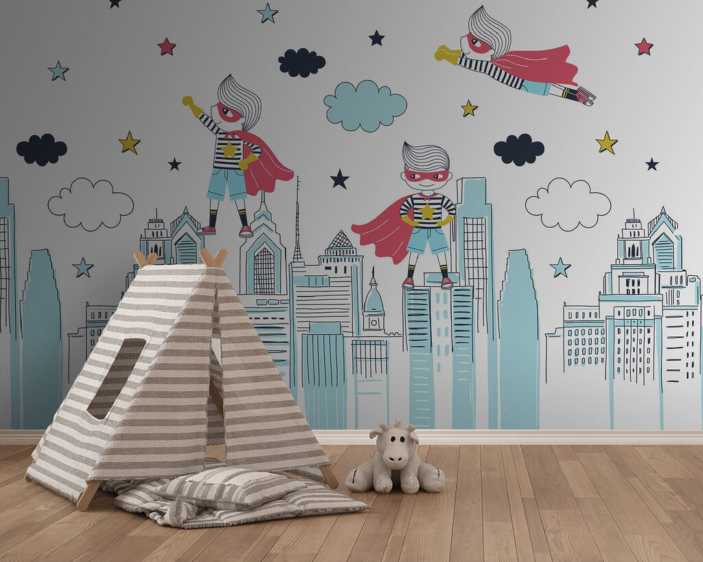 A cartoon of a superhero on a city