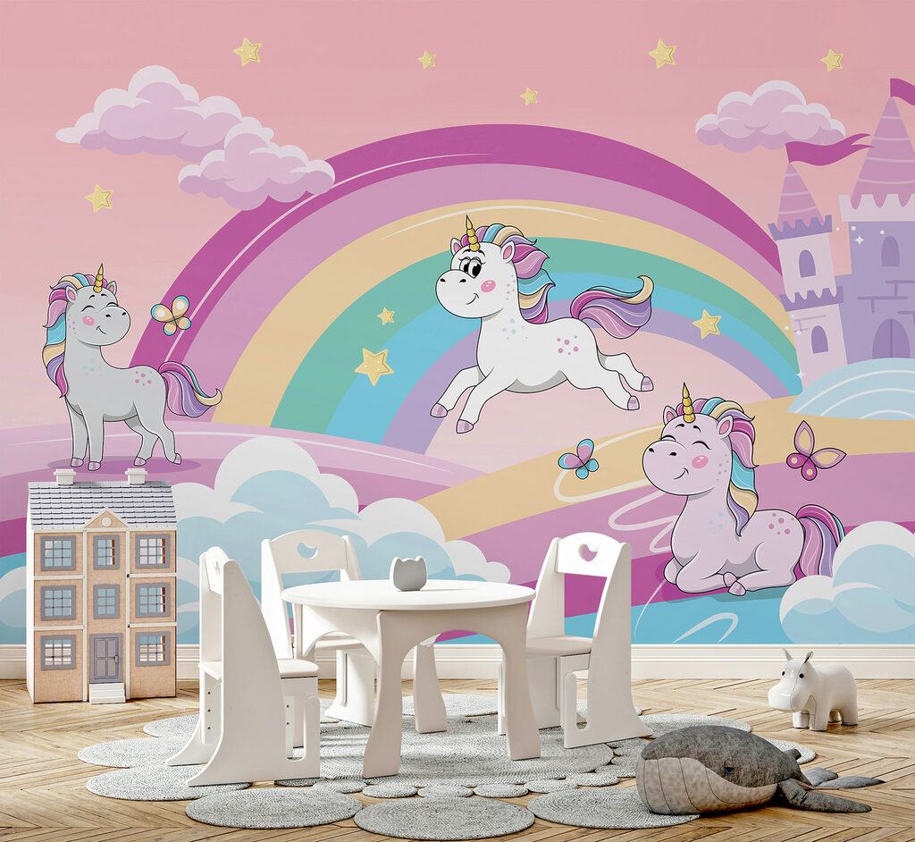 A cartoon unicorns and a rainbow