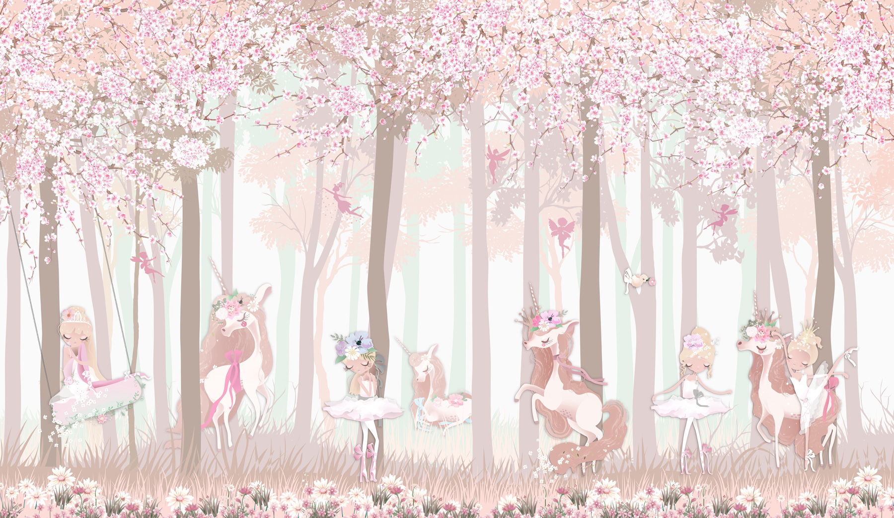 A wallpaper with a group of unicorns and fairies A wallpaper with a group of unicorns and fairies