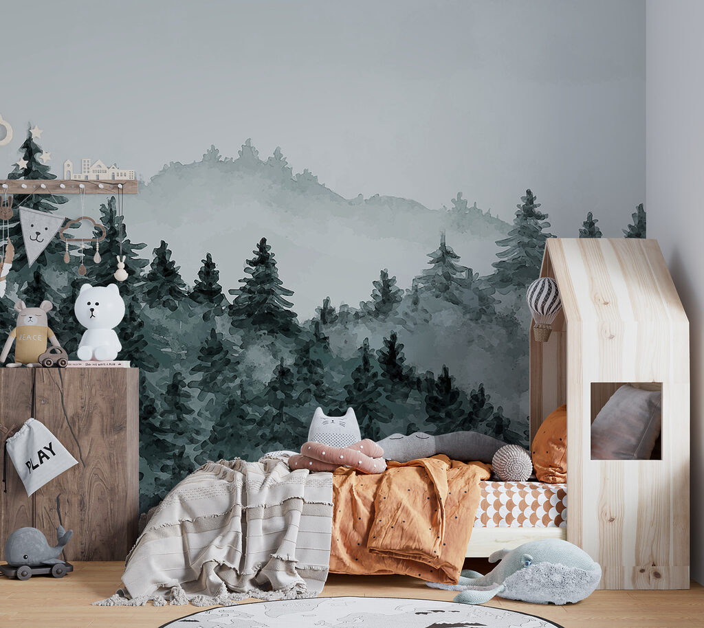 A foggy forest with trees