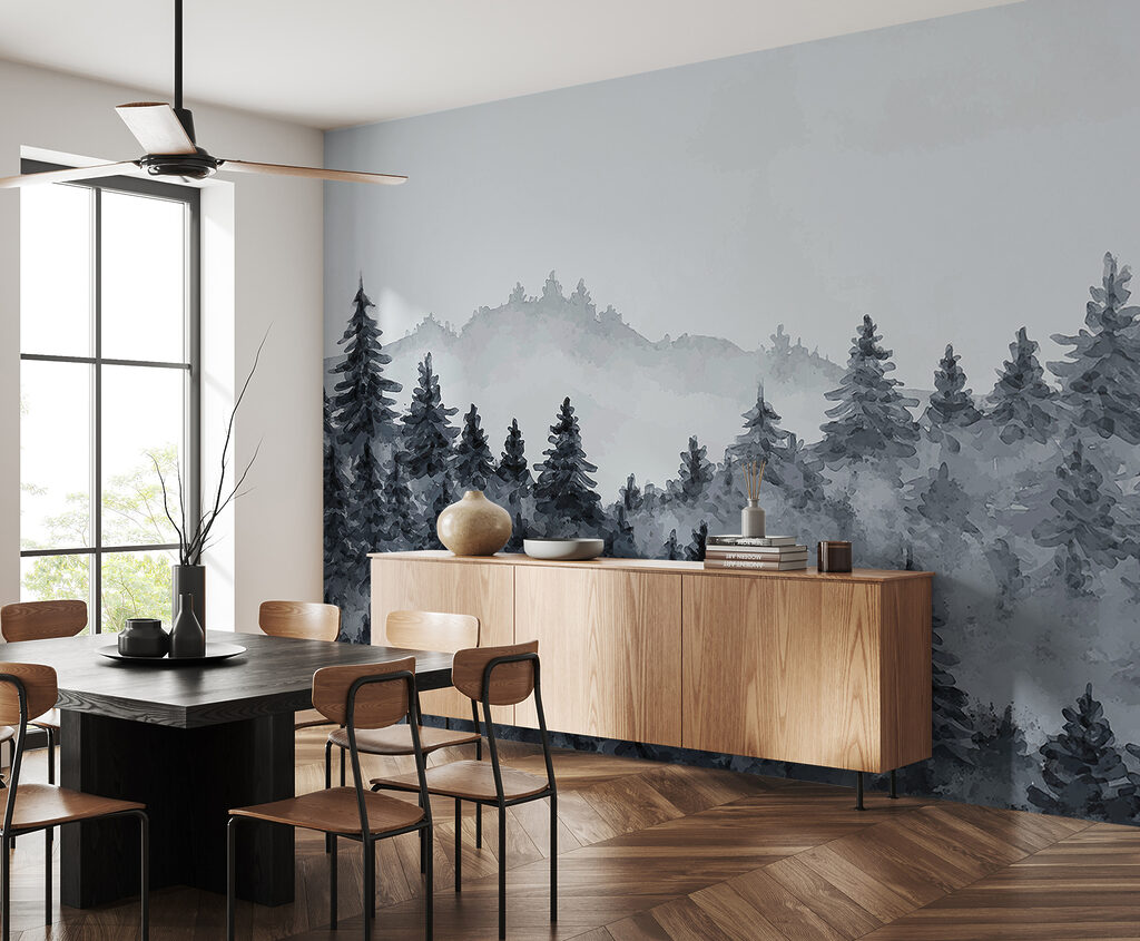 A foggy forest with trees