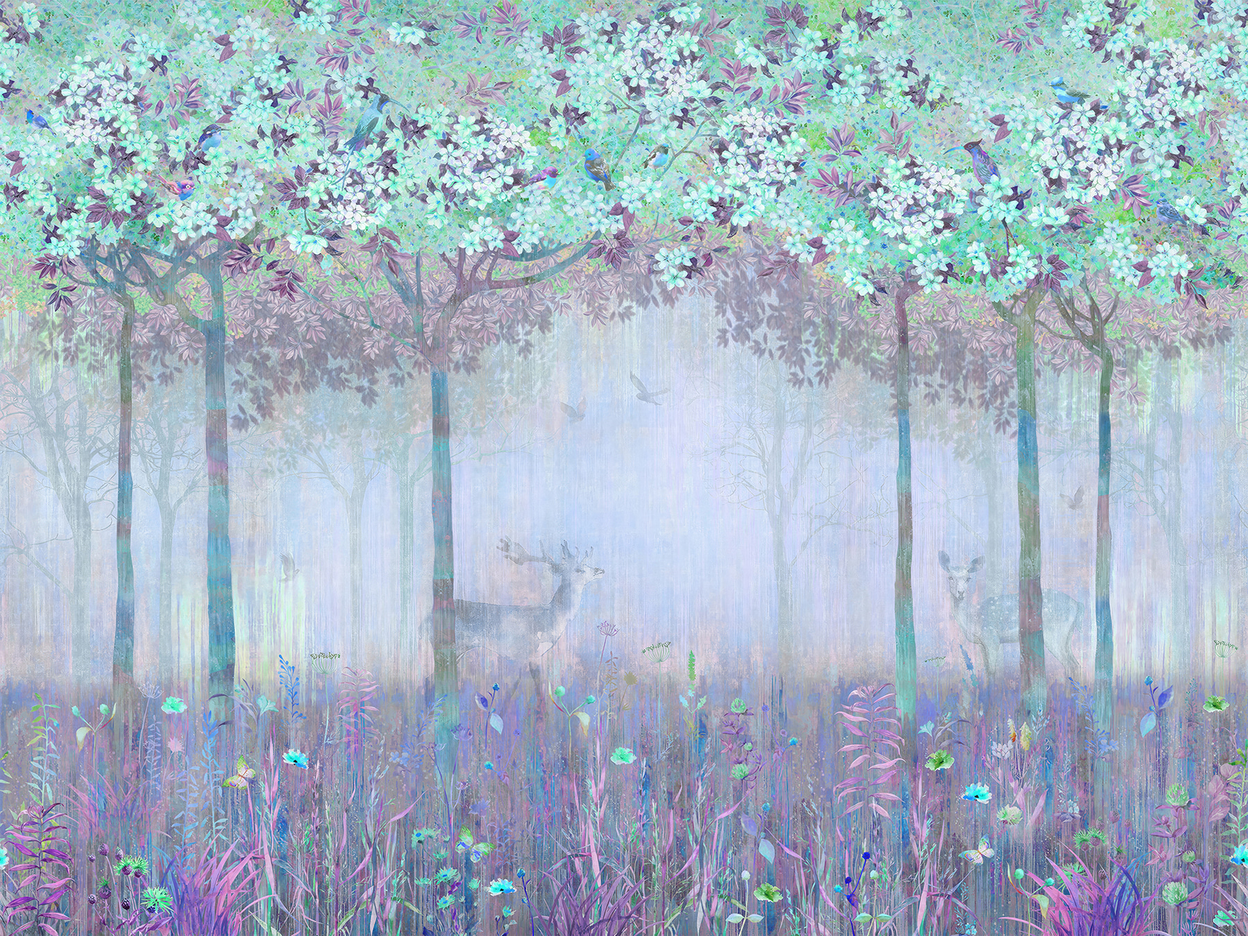 A painting of a forest with trees and flowers A painting of a forest with trees and flowers