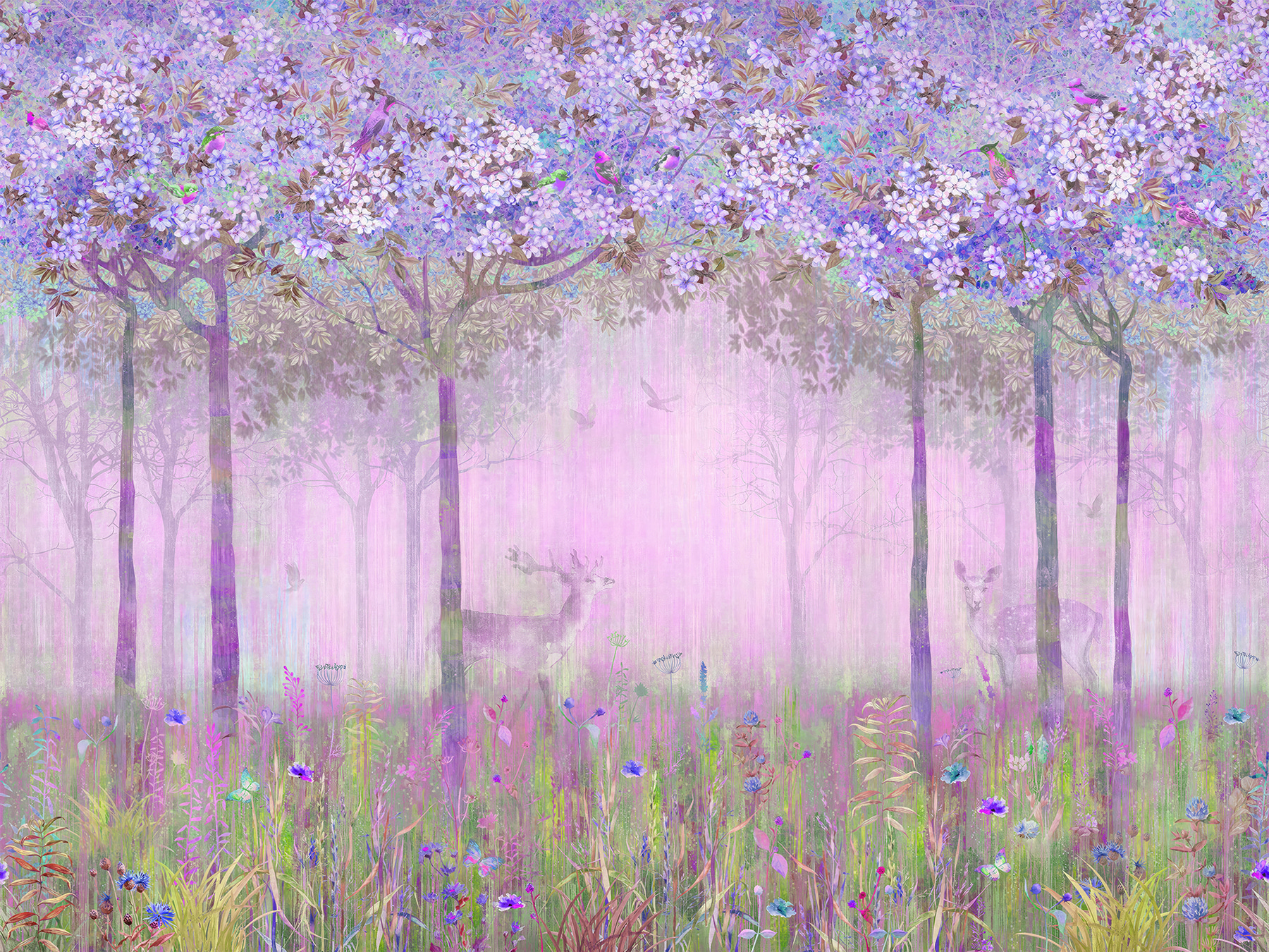 A painting of a forest with flowers