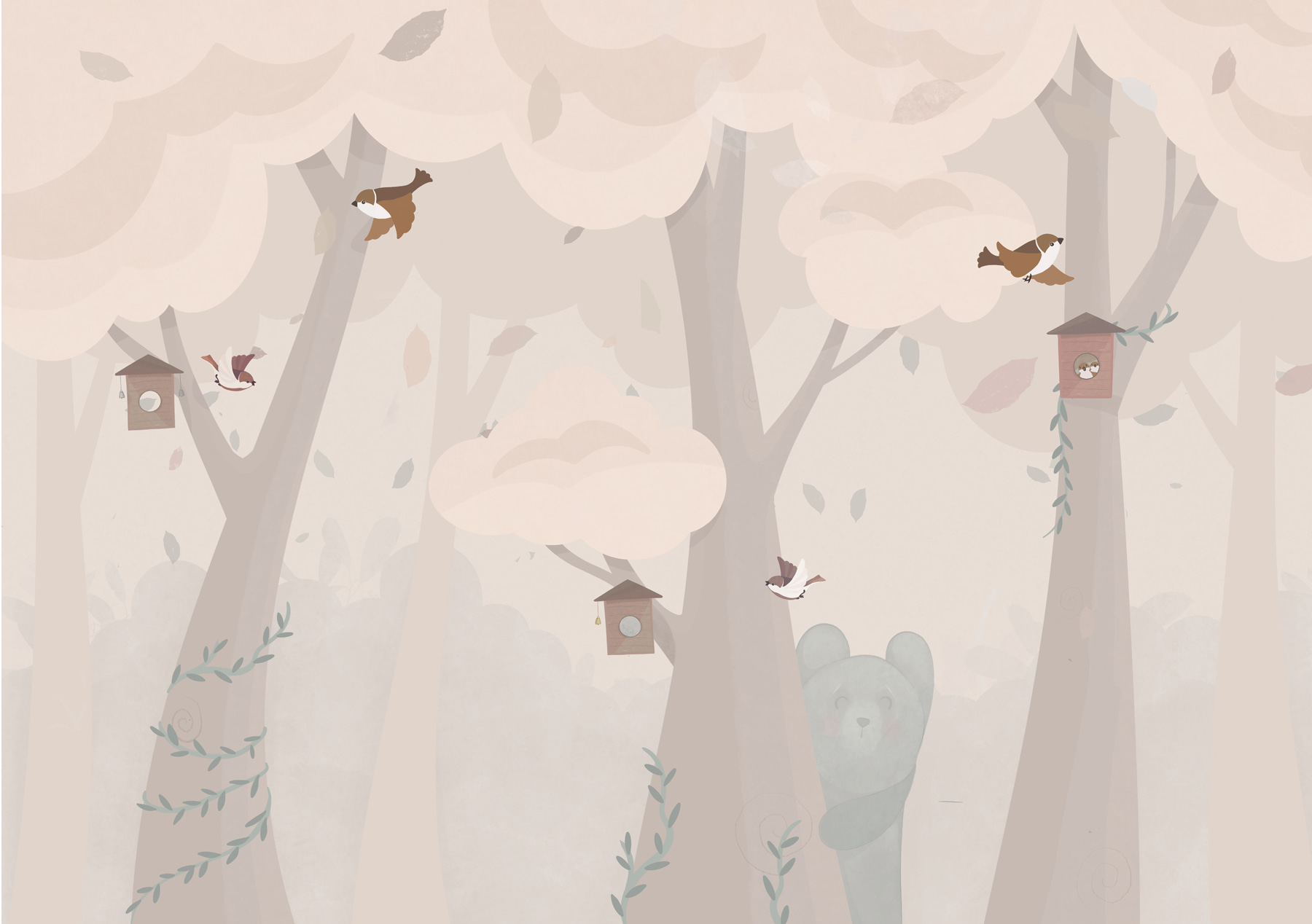 A cartoon of a bear and birds in a forest A cartoon of a bear and birds in a forest