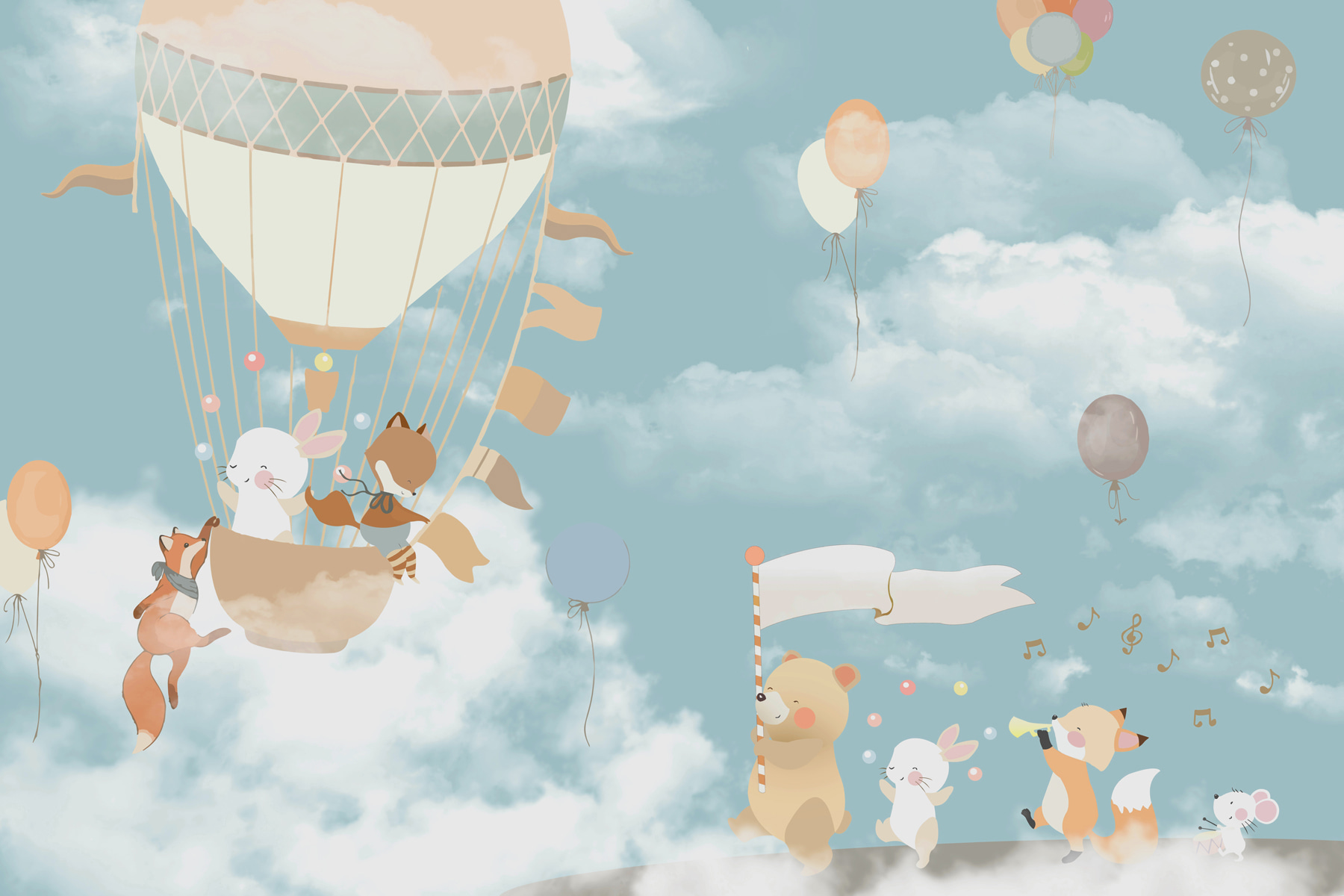 A cartoon of animals in a hot air balloon