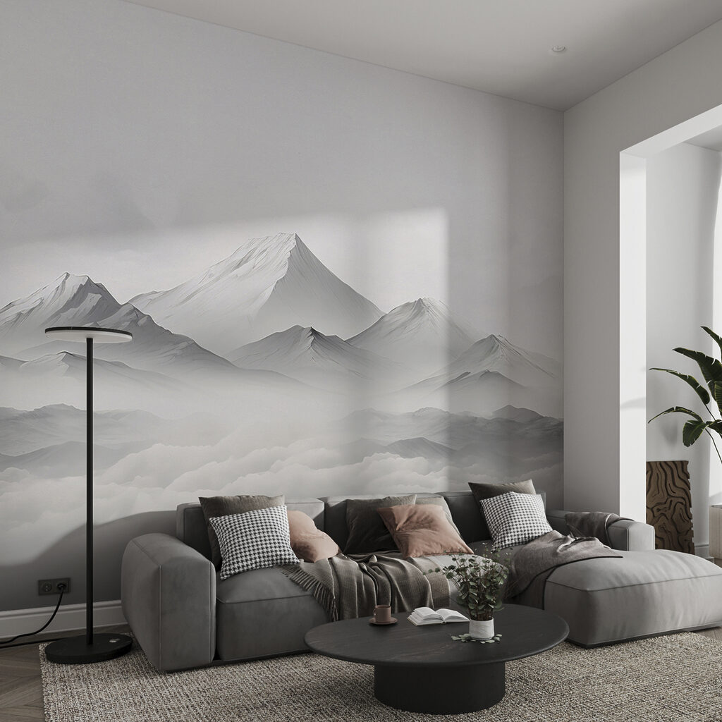 A mountain range with clouds