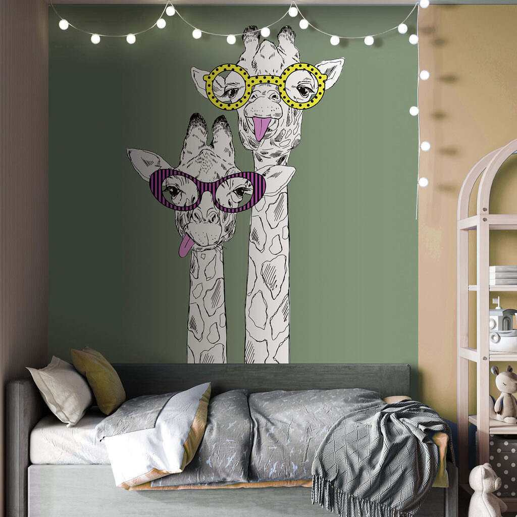 A couple of giraffes wearing glasses