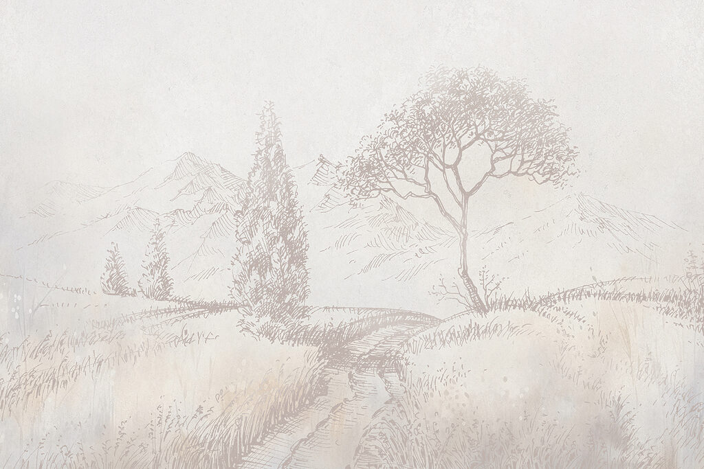 A drawing of a river running through a field