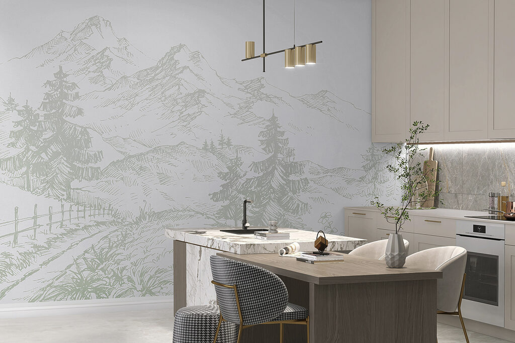 A drawing of a road and trees