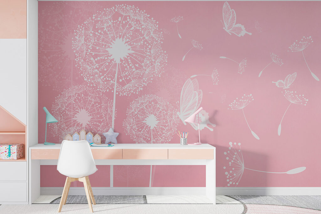 A pink background with white dandelions and butterflies A pink background with white dandelions and butterflies